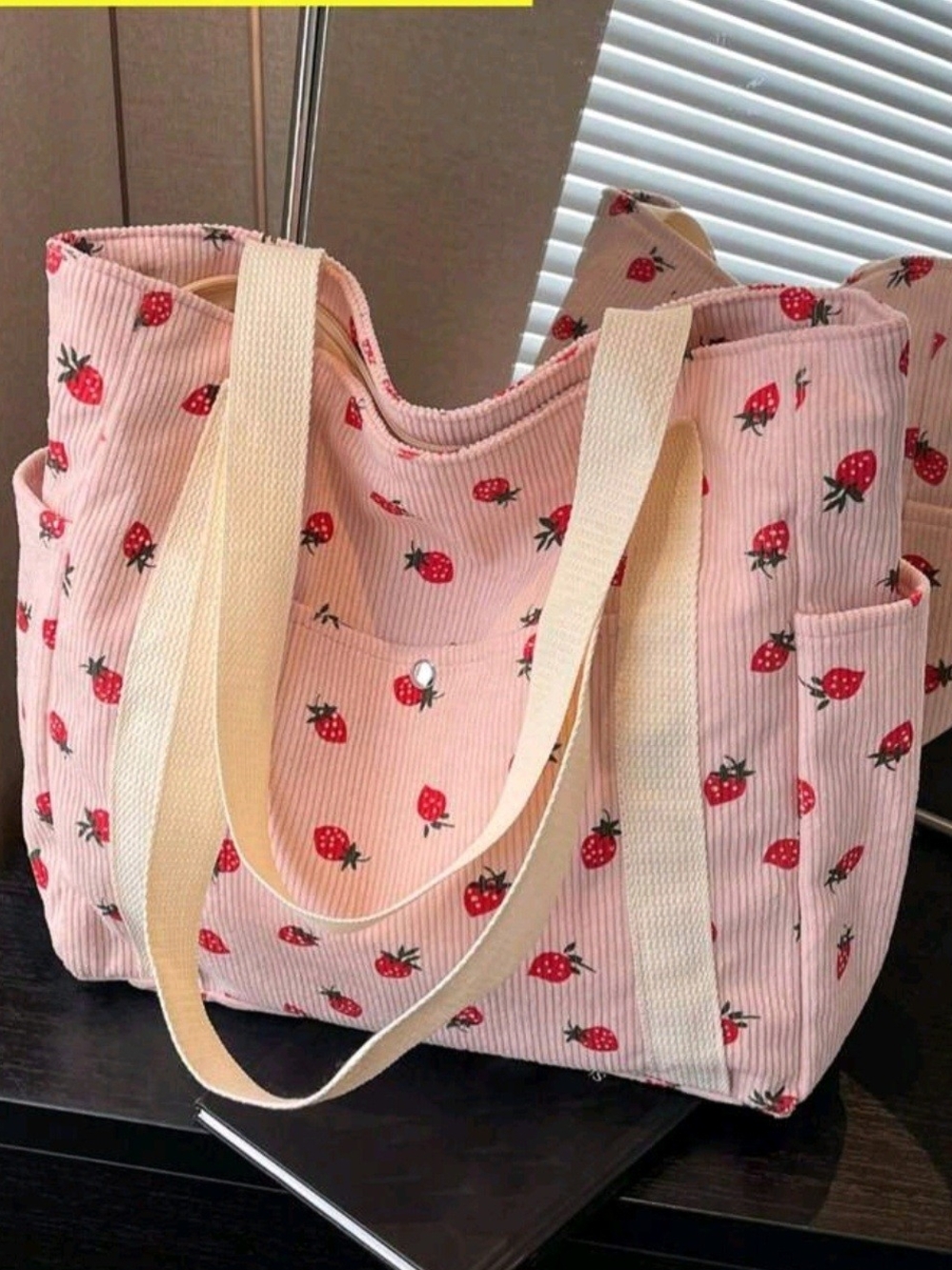 Pink Strawberry Print Canvas Laptop Tote with Cream Straps